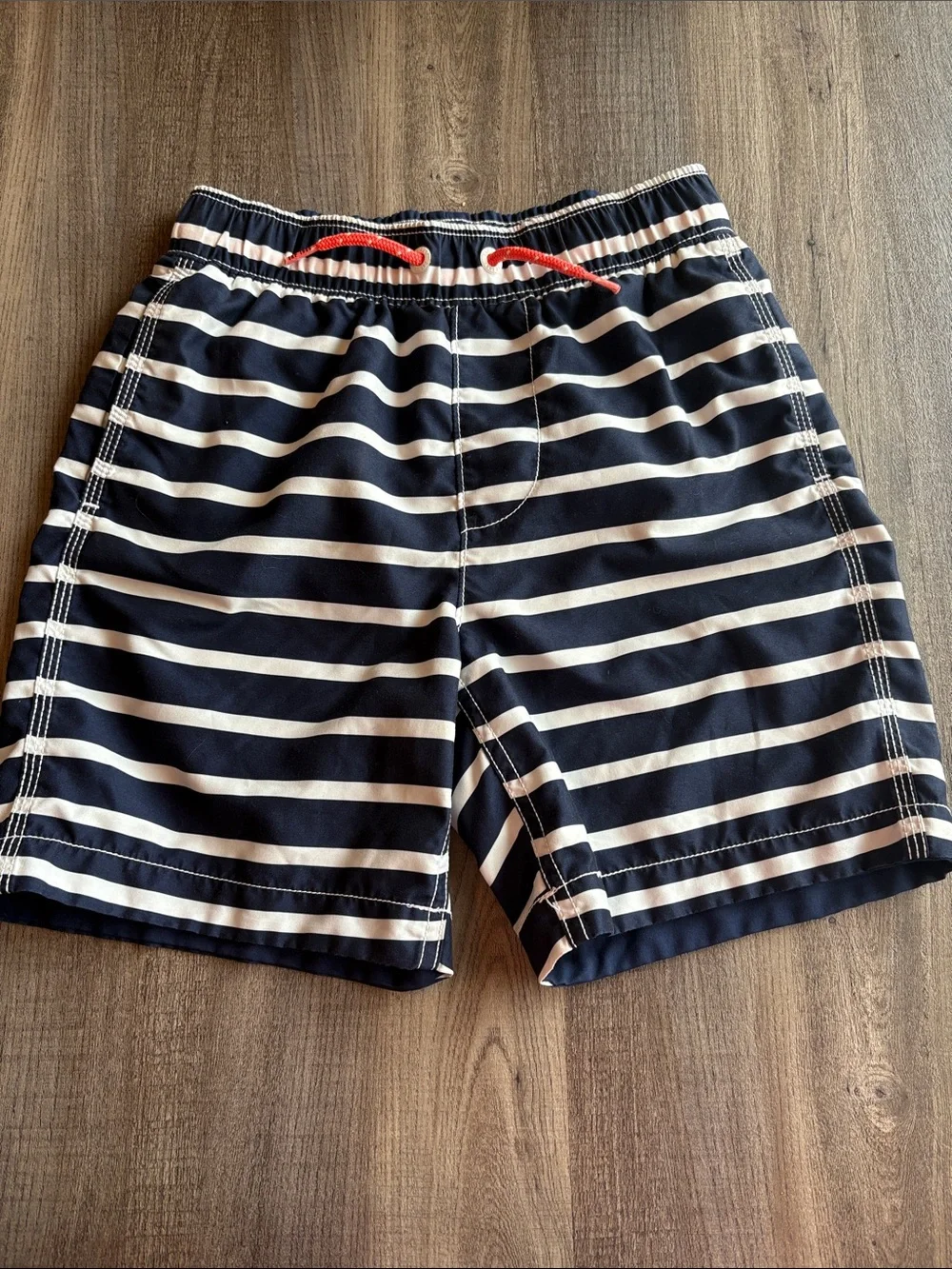 GAP Navy & White Striped Boys Swim Trunks with Red Drawstring